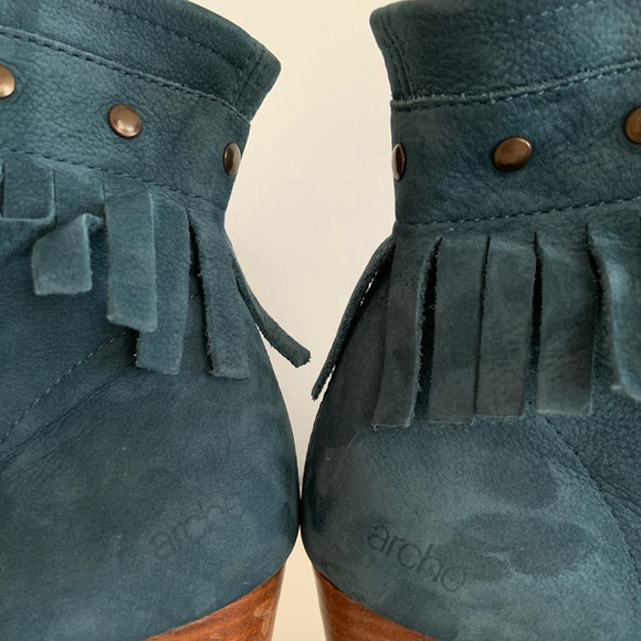 Arche • Tikhal Teal Fringe Leather Wedge Ankle Boots Size 37 / 6.5 - Picture 9 of 12